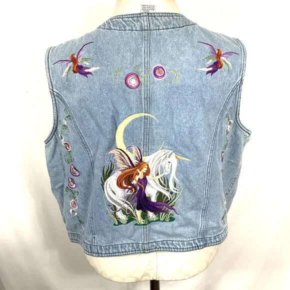 Denim Vest Sz XL Embroidered Fairies Unicorn Whimsical Russ State of Blue Vtg - Picture 7 of 11